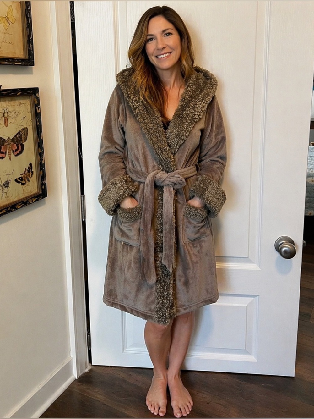 Pottery Barn Faux Shearling Plush Gray Hoodie Robe size medium